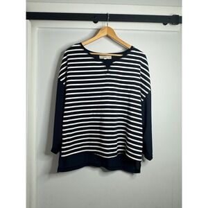 LOFT Women's Striped Long Sleeve Top Size L‎ Navy Blue White Casual